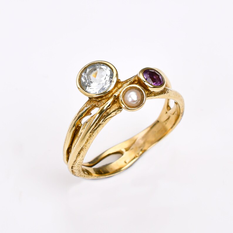 Pearl, Amethyst And Cubic Zirconia Gemstone Handcrafted Statement Ring