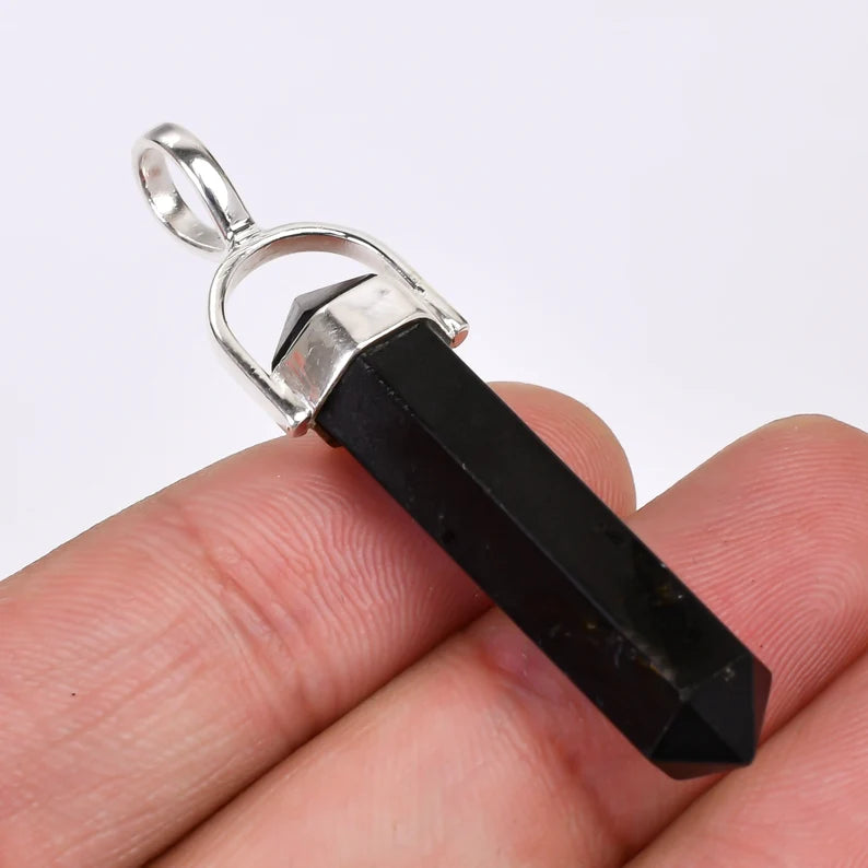 925 Sterling Silver Black Onyx Gemstone Pencil Point Pendant