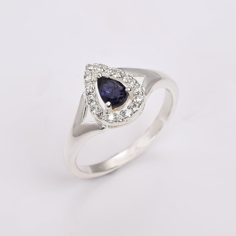 Cubic Zirconia And Iolite Handcrafted Engagement Ring