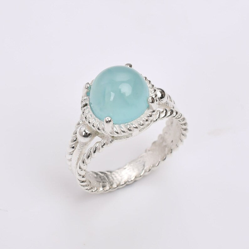 Aqua Chalcedony Gemstone Birthstone Statement Boho Ring