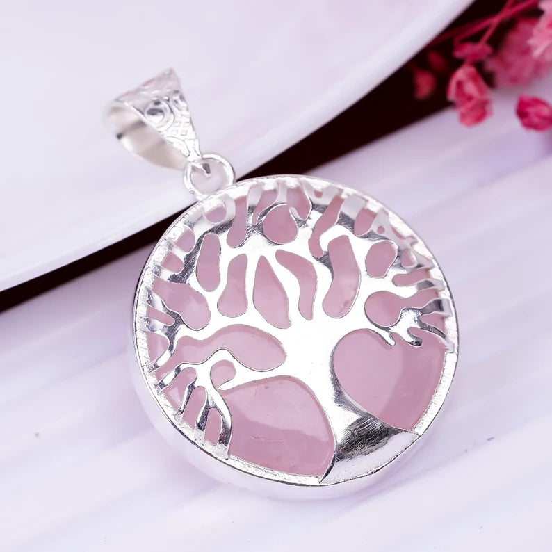 Tree Of Life Rose Quartz 925 Sterling Silver Pendant