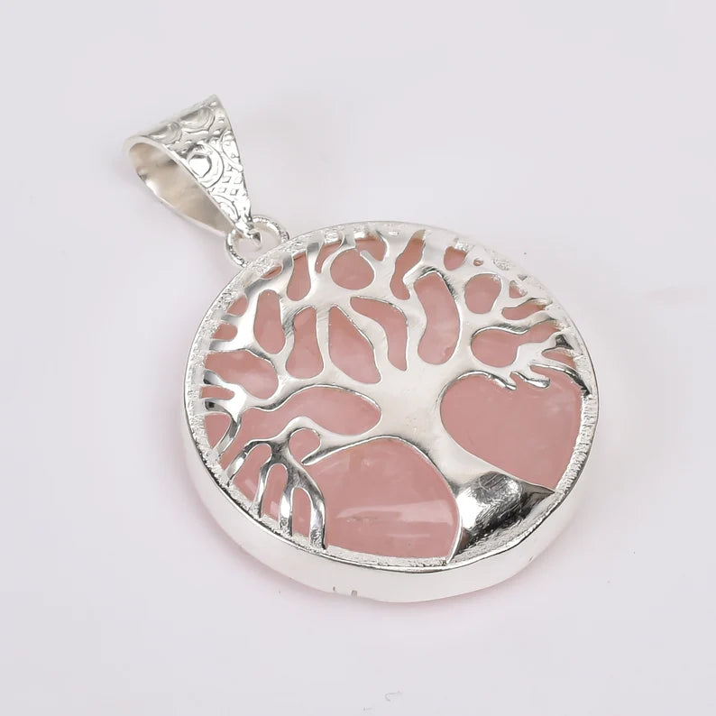 Tree Of Life Rose Quartz 925 Sterling Silver Pendant