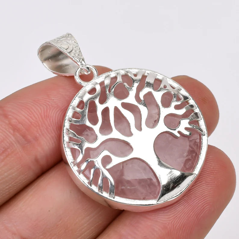 Tree Of Life Rose Quartz 925 Sterling Silver Pendant