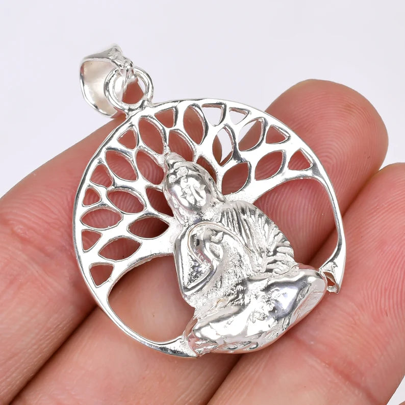 Tree Of Life Buddha 925 Sterling Silver Round Pendant
