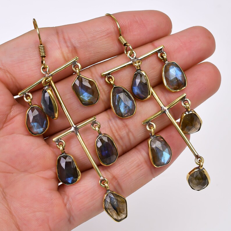 Natural Labradorite Gemstone Handcrafted Drop Earrings