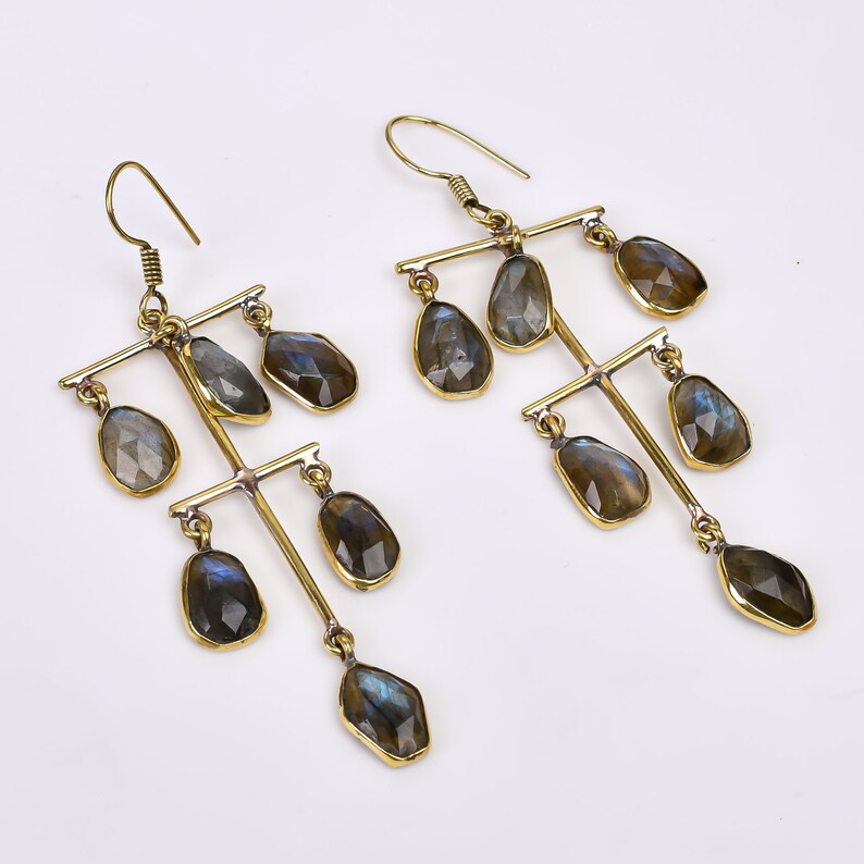 Natural Labradorite Gemstone Handcrafted Drop Earrings