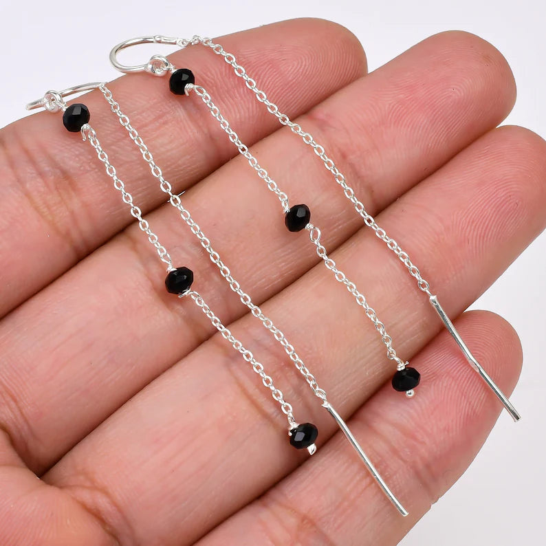 Threader Black Onyx Long Chain Gemstone Earrings