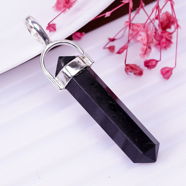 925 Sterling Silver Black Onyx Gemstone Pencil Point Pendant