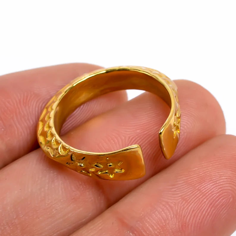Flower Engraved Design Handcrafted Open Statement Ring