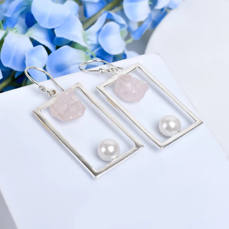 Rose Quartz Gemstone Pearl Dangle Handmade Drop Earrings