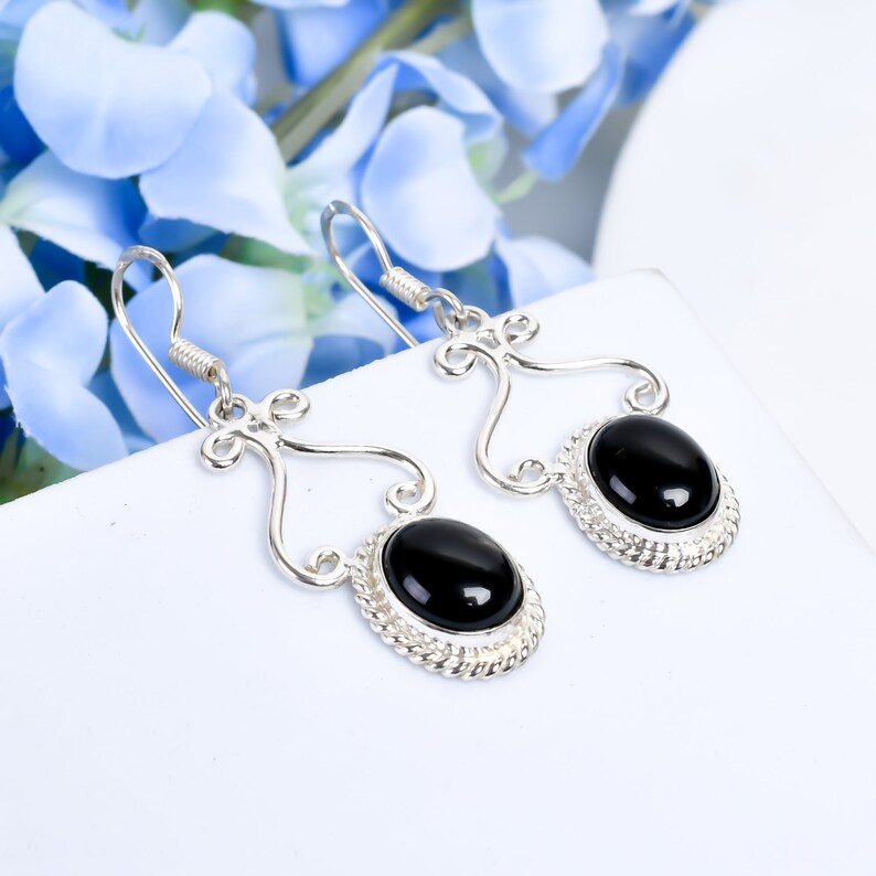 Drop Black Onyx Gemstone Dangle Handmade Earrings