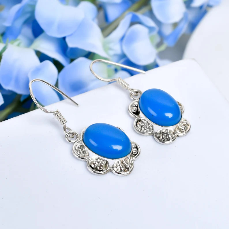 Blue Chalcedony Natural Gemstone Handcrafted Drop Earrings