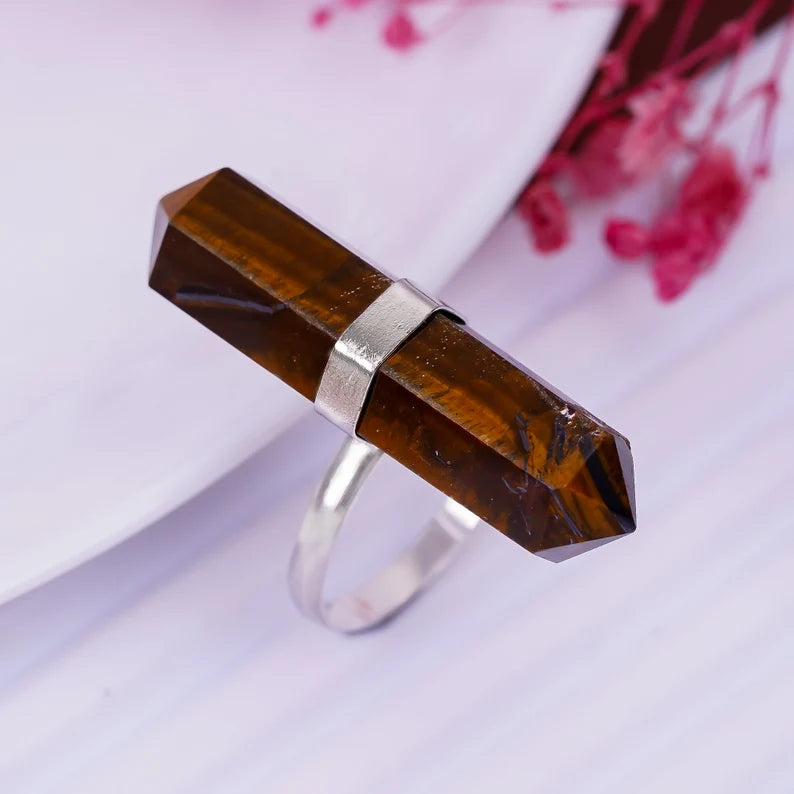 Tiger's Eye Gemstone Pencil Point Statement Ring