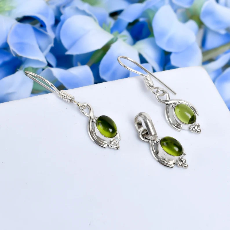 Peridot Natural Gemstone Elegant Earrings and Pendant Combo Handcrafted Jewelry Set