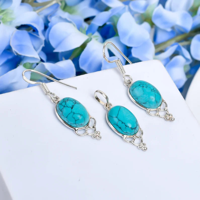Turquoise Natural Gemstone Elegant Earrings and Pendant Combo Handcrafted Jewelry Set
