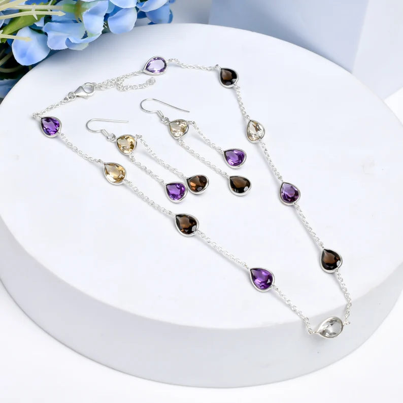 Multi Gemstone Amethyst, Citrine, Smokey Quartz Jewelry Set