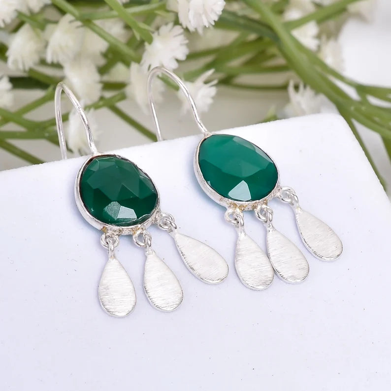 Green Onyx Gemstone Drop Minimalist Handcrafted Earrings