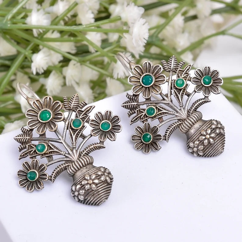 Green Onyx Flower Handcrafted Natural Gemstone Drop Earrings
