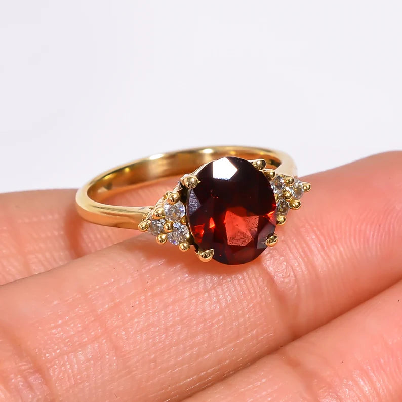 Garnet Handcrafted Minimalist Cubic Zirconia Statement Ring