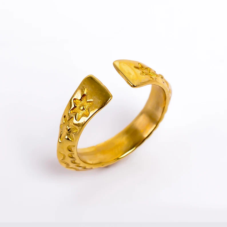 Flower Engraved Design Handcrafted Open Statement Ring