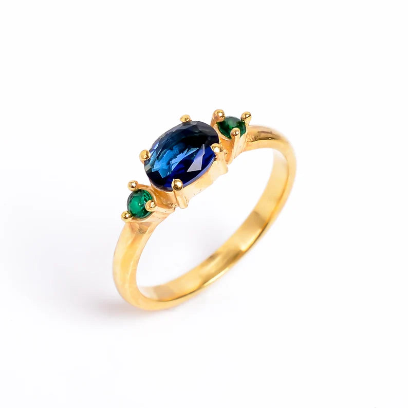 Green & Blue Cubic Zirconia Gemstone Handcrafted Statement Ring