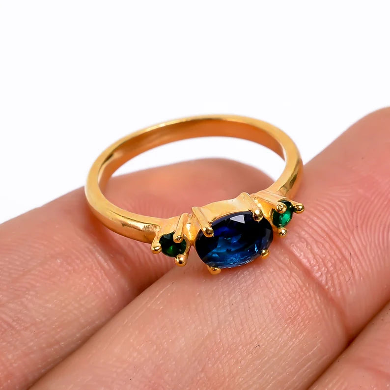 Green & Blue Cubic Zirconia Gemstone Handcrafted Statement Ring