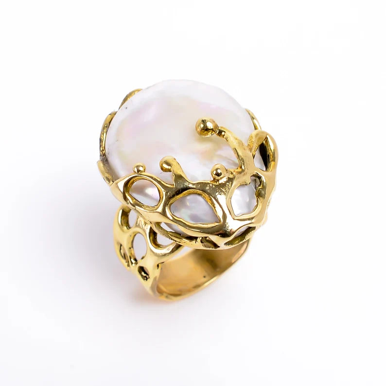 Natural Gemstone Handcrafted Statement Pearl Ring
