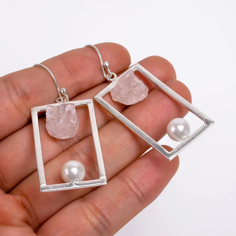 Rose Quartz Gemstone Pearl Dangle Handmade Drop Earrings