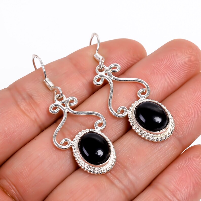 Drop Black Onyx Gemstone Dangle Handmade Earrings