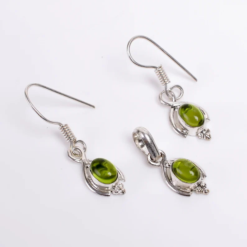 Peridot Natural Gemstone Elegant Earrings and Pendant Combo Handcrafted Jewelry Set