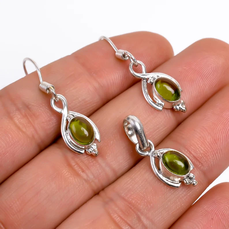 Peridot Natural Gemstone Elegant Earrings and Pendant Combo Handcrafted Jewelry Set