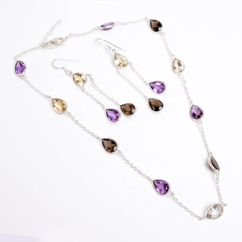 Multi Gemstone Amethyst, Citrine, Smokey Quartz Jewelry Set