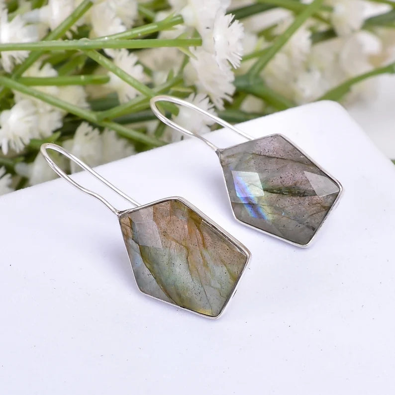 Labradorite Gemstone Handcrafted Drop and Dangle Minimalist Earrings