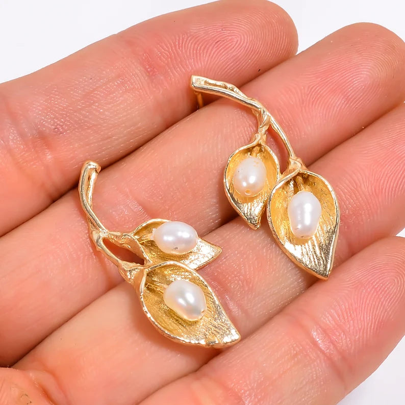 Leaf Design Pearl Handcrafted Stud Earrings