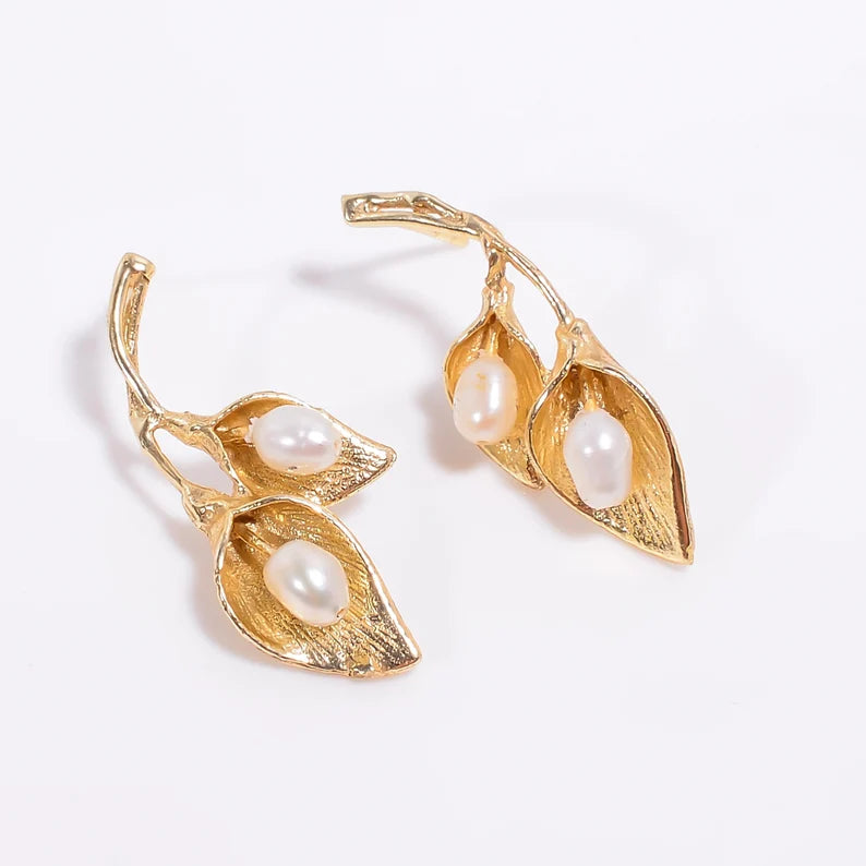 Leaf Design Pearl Handcrafted Stud Earrings