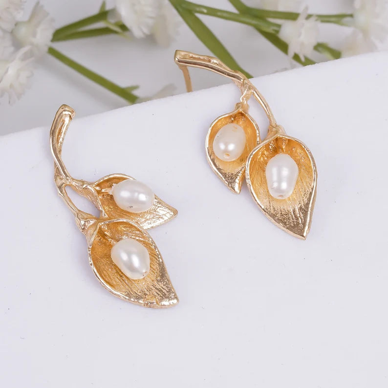 Leaf Design Pearl Handcrafted Stud Earrings