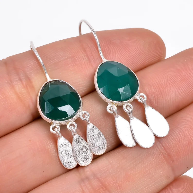 Green Onyx Gemstone Drop Minimalist Handcrafted Earrings