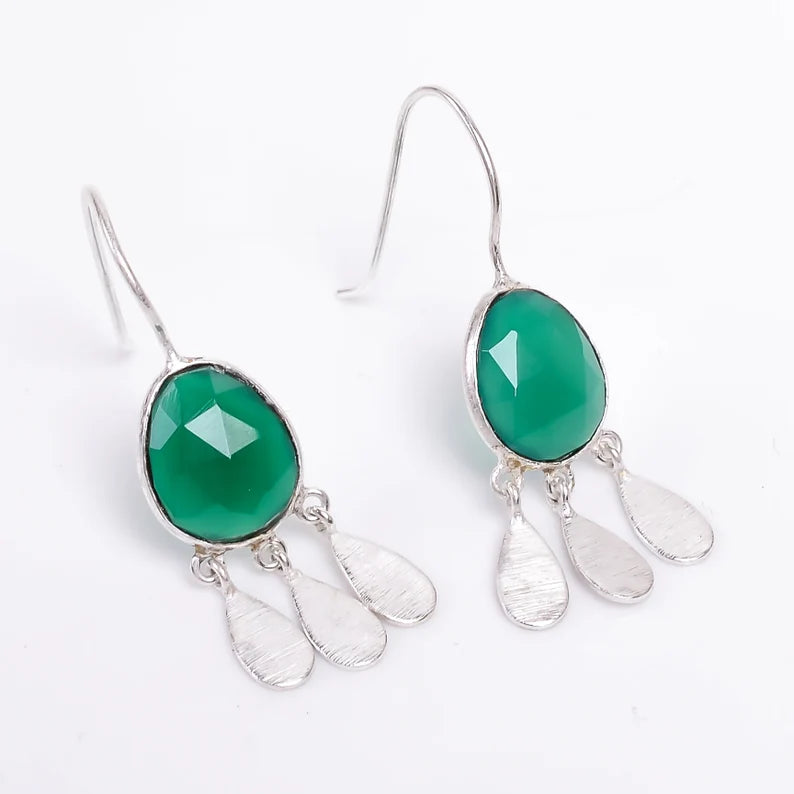 Green Onyx Gemstone Drop Minimalist Handcrafted Earrings