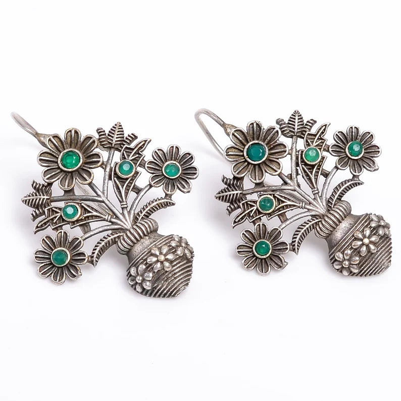 Green Onyx Flower Handcrafted Natural Gemstone Drop Earrings