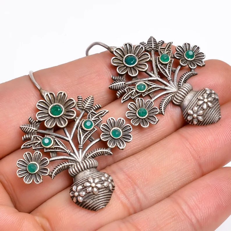Green Onyx Flower Handcrafted Natural Gemstone Drop Earrings