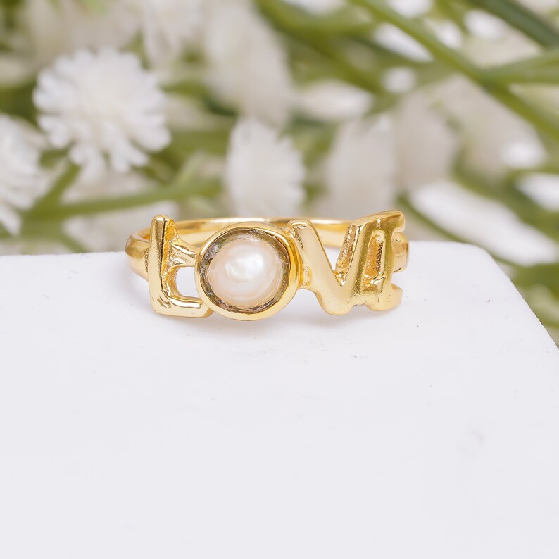 Pearl Gemstone Love Design Handcrafted Birthstone Ring