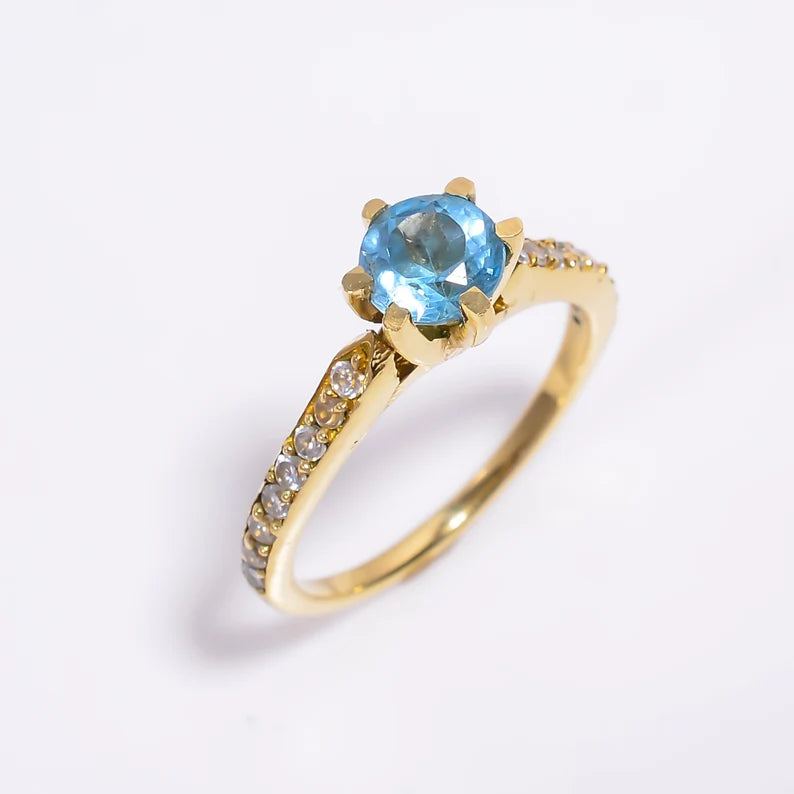 Blue Topaz Natural Gemstone Cubic Zirconia Birthstone Ring
