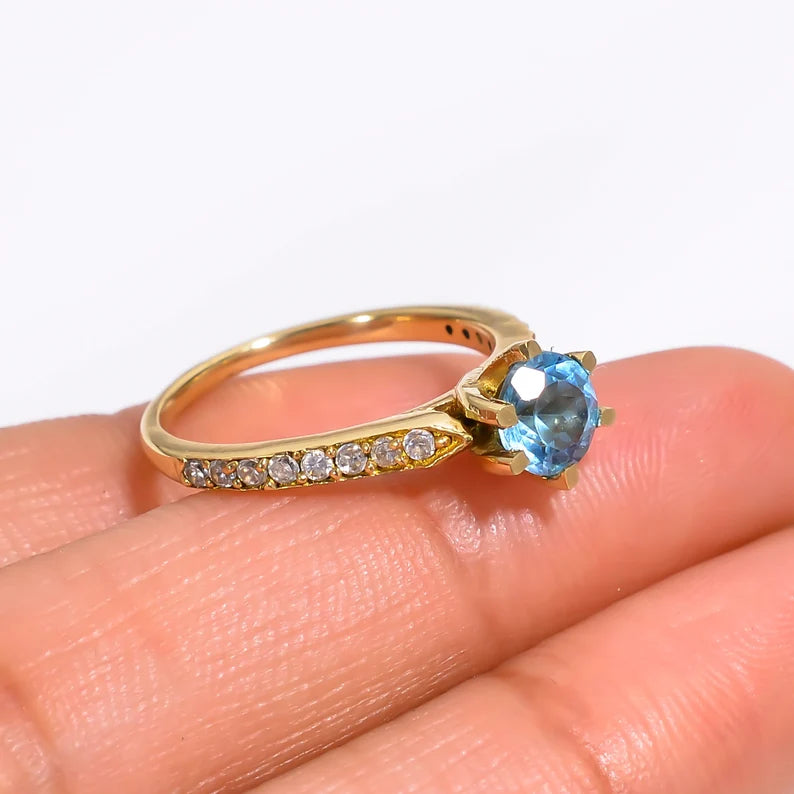 Blue Topaz Natural Gemstone Cubic Zirconia Birthstone Ring
