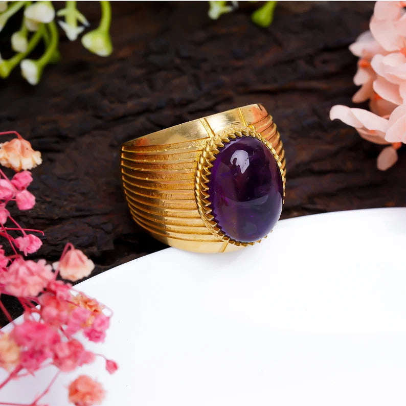 Amethyst Natural Gemstone Handcrafted Signet Ring