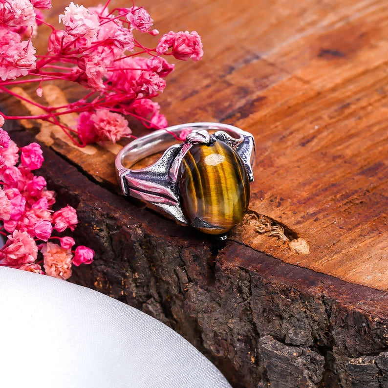 Tiger's Eye Handcrafted Signet Natural Gemstone Ring