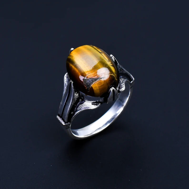 Tiger's Eye Handcrafted Signet Natural Gemstone Ring