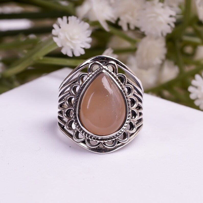 Orange Moonstone Handcrafted Natural Gemstone Signet Ring