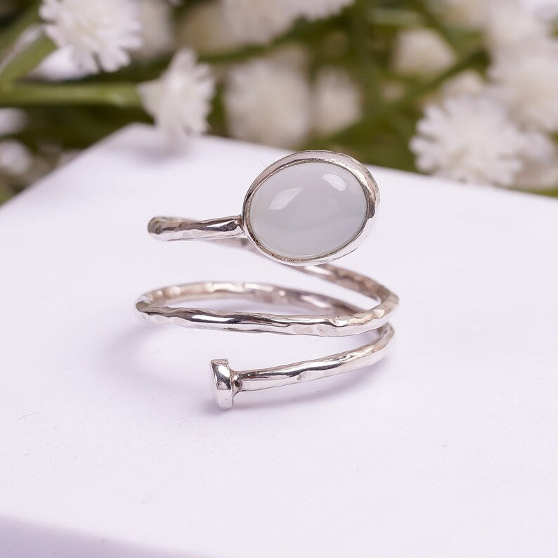 Natural Rainbow Moonstone Handcrafted Adjustable Ring