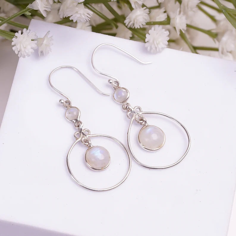 Natural Rainbow Moonstone Handcrafted Drop Earrings