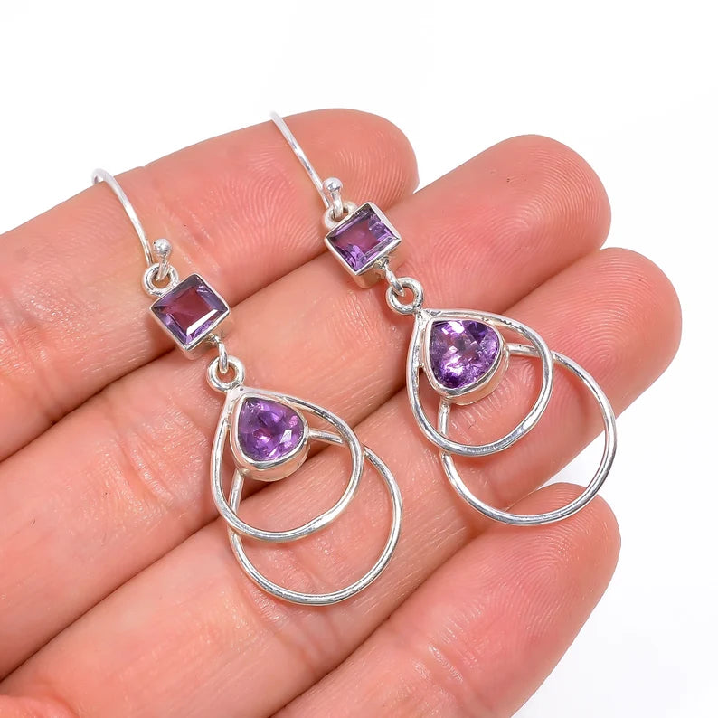 Natural Amethyst Gemstone Handcrafted Drop Earrings